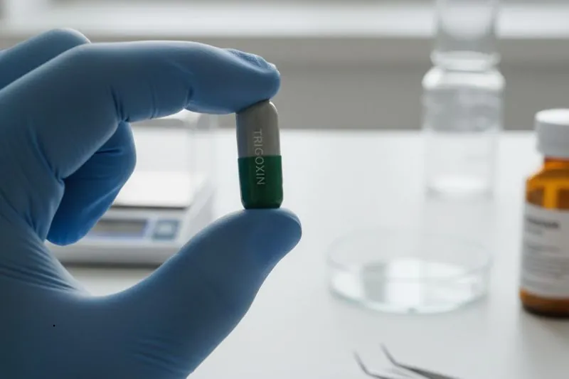 A gloved hand holds a green and grey capsule labeled "TRIGOXIN" in a laboratory setting.