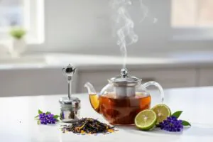 Earl Grey Tea Setup With Teapot, Loose Leaves, Bergamot, Infuser, and Flowers