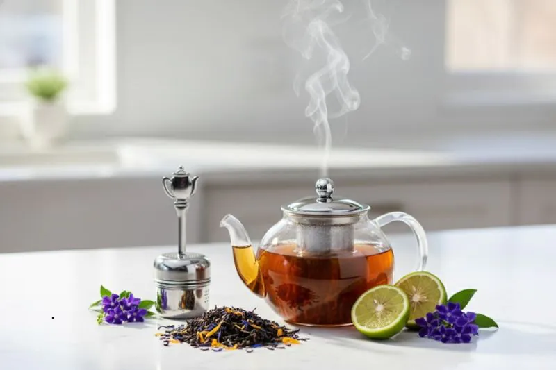 Earl Grey Tea Setup With Teapot, Loose Leaves, Bergamot, Infuser, and Flowers