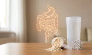 Protein Powder With a Shaker and a Glowing Digestive System Illustration