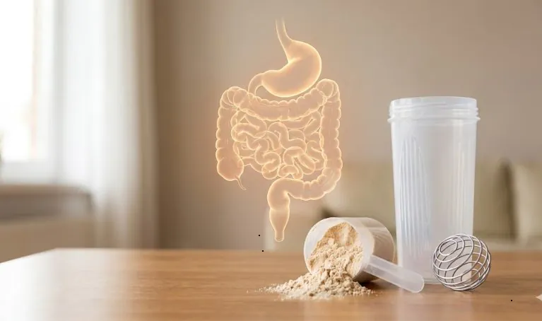 Protein Powder With a Shaker and a Glowing Digestive System Illustration
